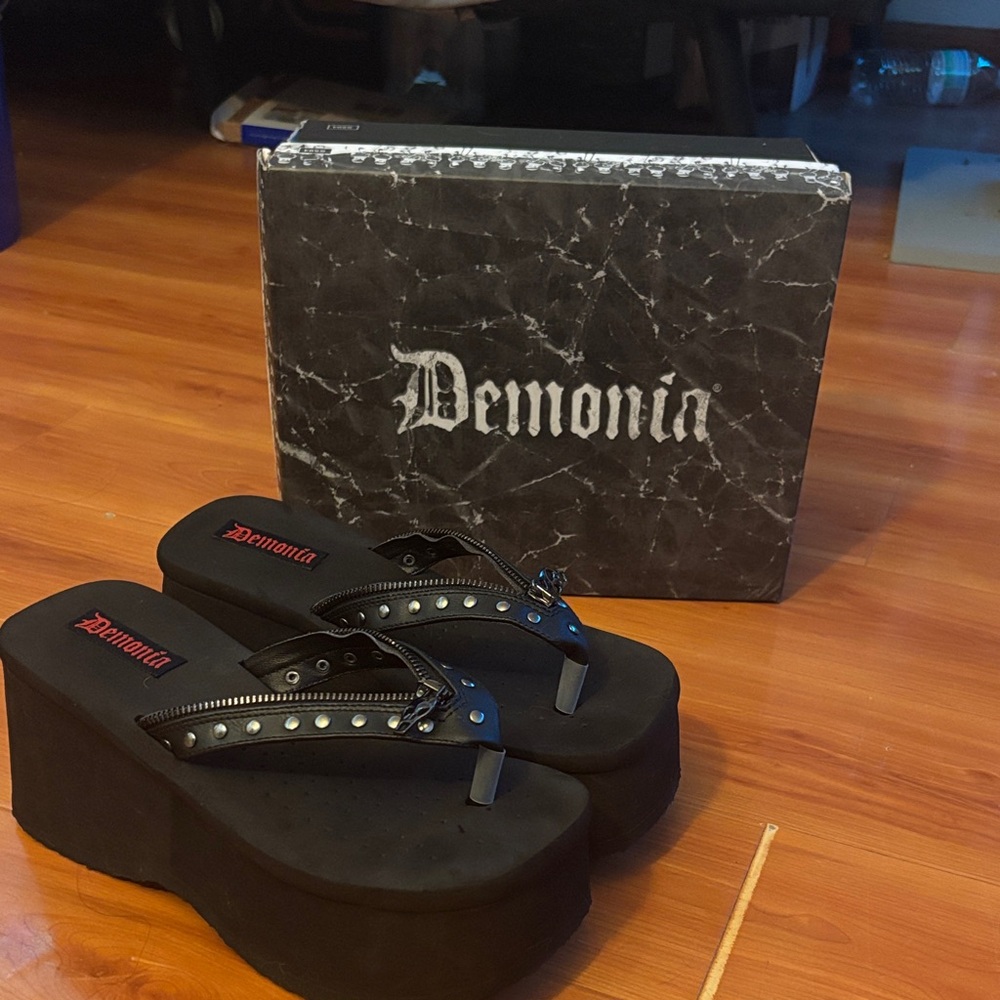 Demonia Black Studded Platform Flip-Flops